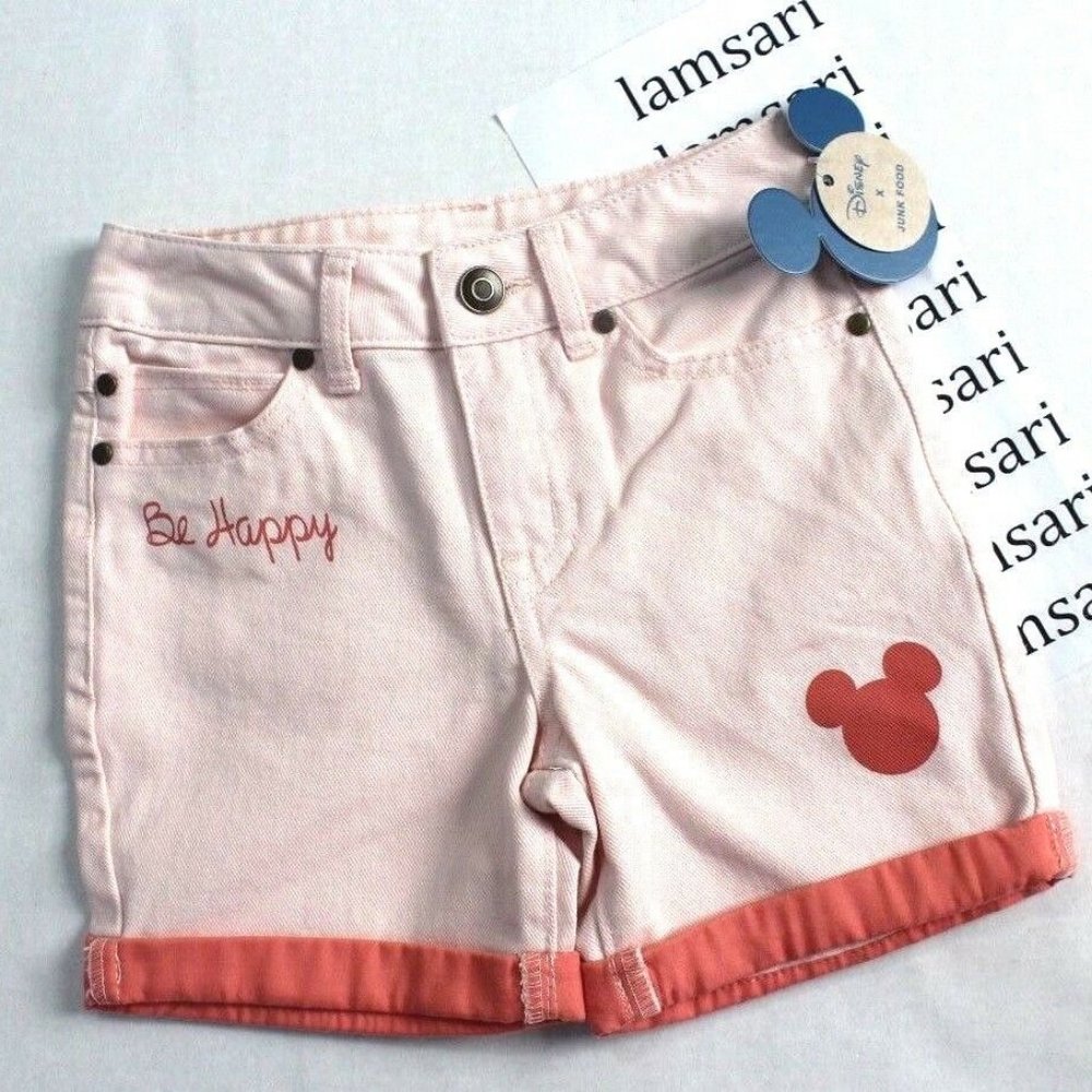 Disney x Junk Food Girls' Mickey Mouse Be Happy Jeans Shorts Size XS - Peach